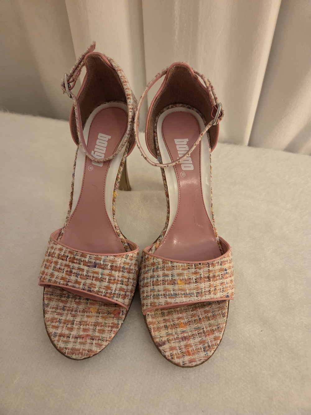 VTG Bongo Pink Tweed Ankle-Strap Heeled Sandals